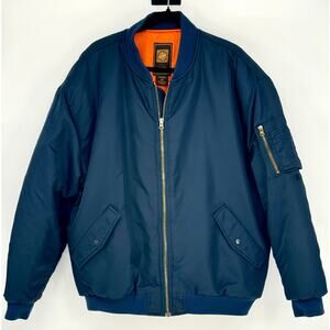 CLENCH Men M Jeans Nylon Bomber Jacket Navy w/ Heavy Orange Lining Winter Coat